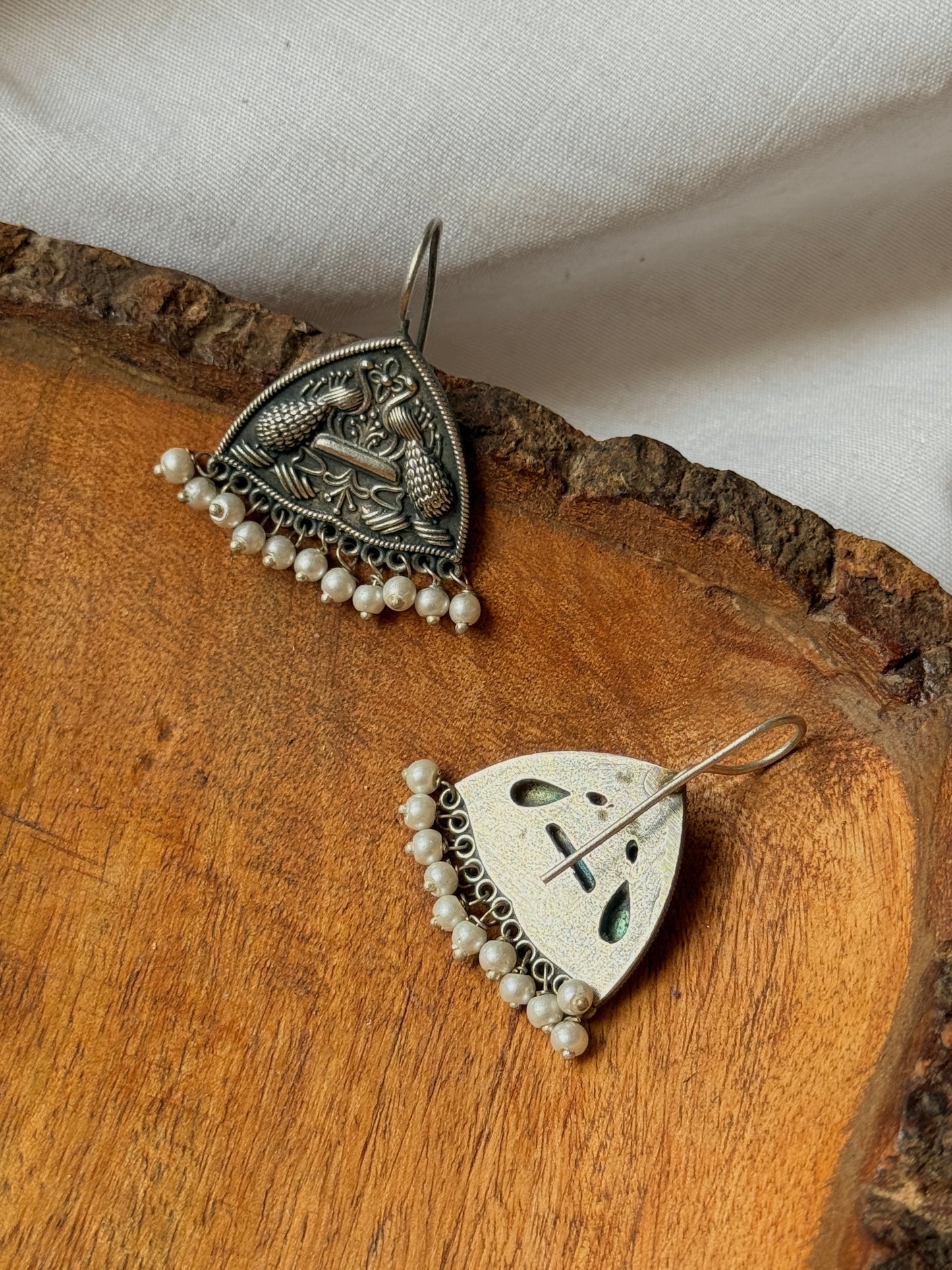 Peacock Engraved German Silver Earrings with Dangling Pearls