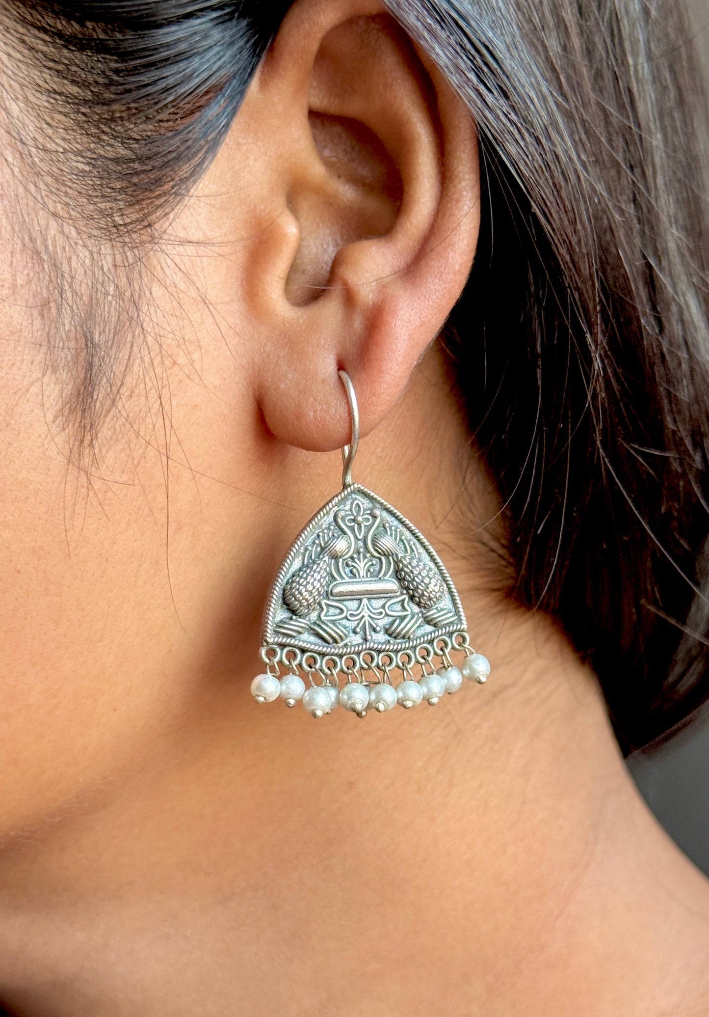 Peacock Engraved German Silver Earrings with Dangling Pearls