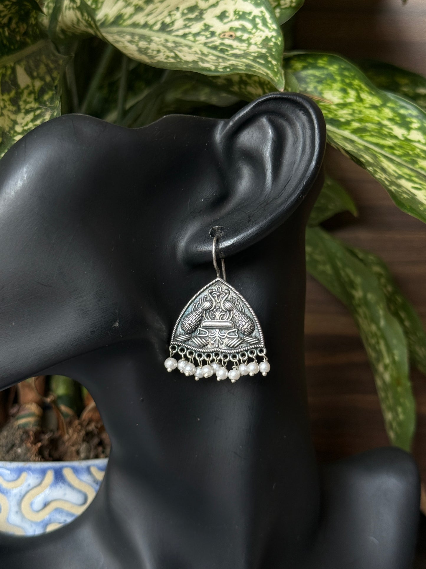 Peacock Engraved German Silver Earrings with Dangling Pearls
