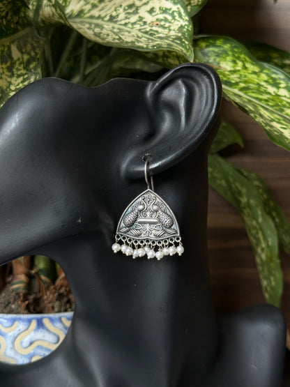 Peacock Engraved German Silver Earrings with Dangling Pearls