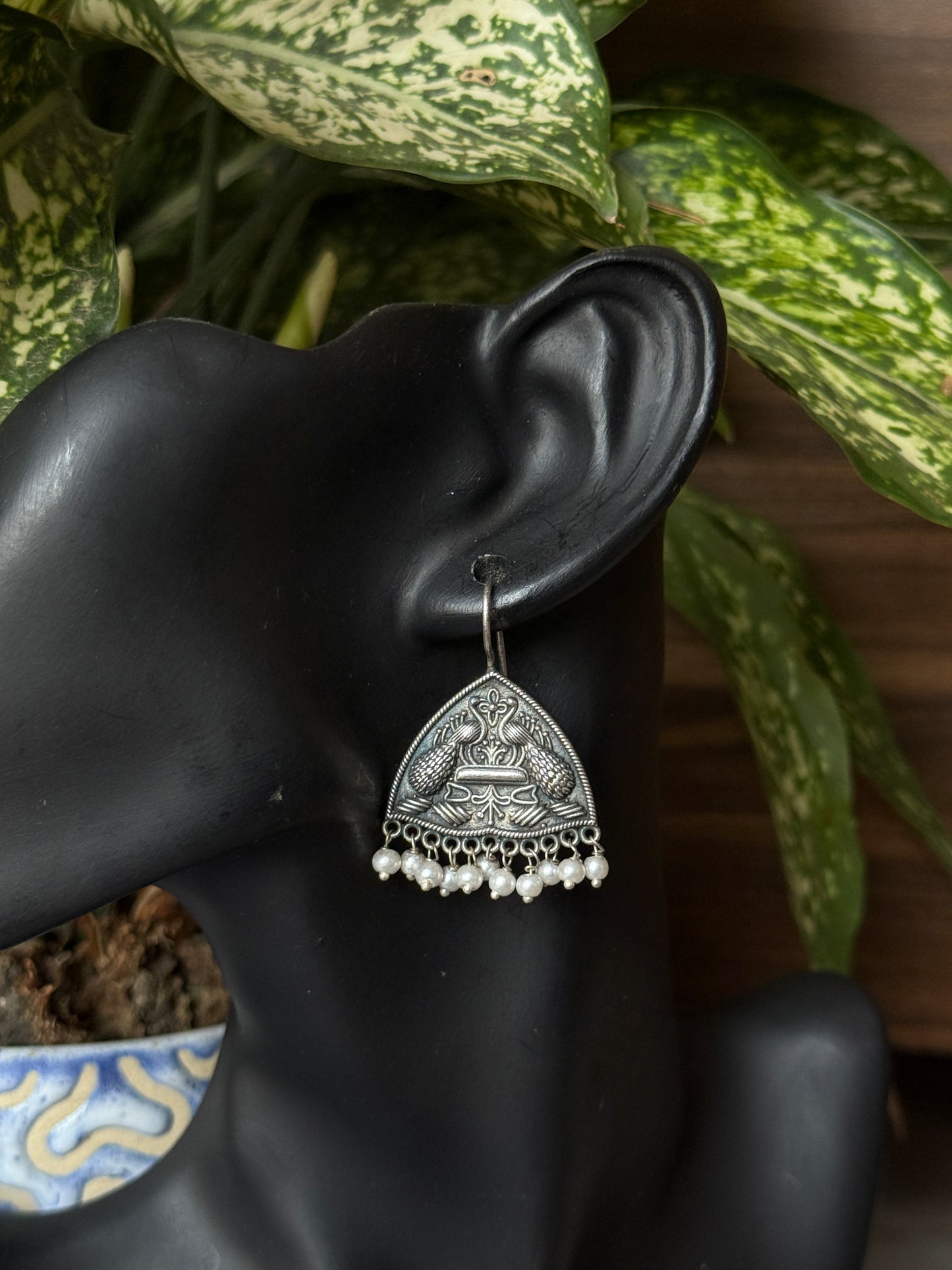 Peacock Engraved German Silver Earrings with Dangling Pearls