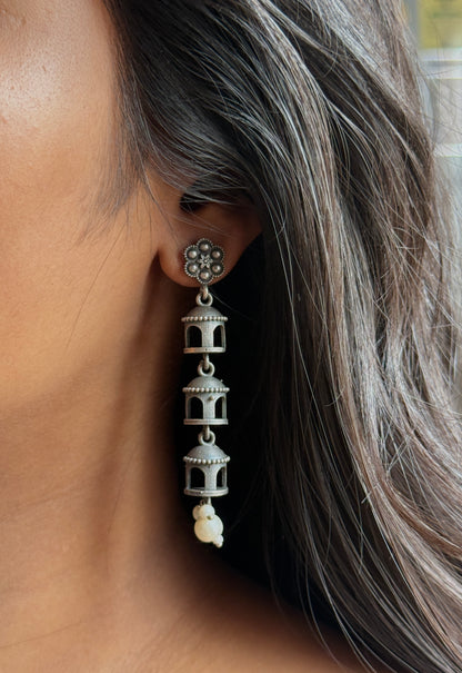 Jharokha-Inspired German Silver Dangling Earrings