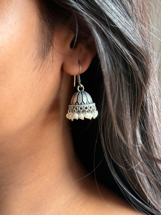 German Silver Oxidised Jhumka with Embedded Pearls