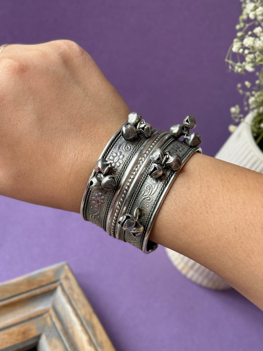 Oxidized Self-Engraved Free-Size Bracelet with Ghungroo Charm
