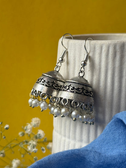 Silver Lookalike Jhumka with Embedded Pearls