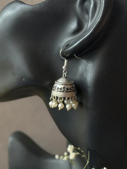 Silver Lookalike Jhumka with Embedded Pearls