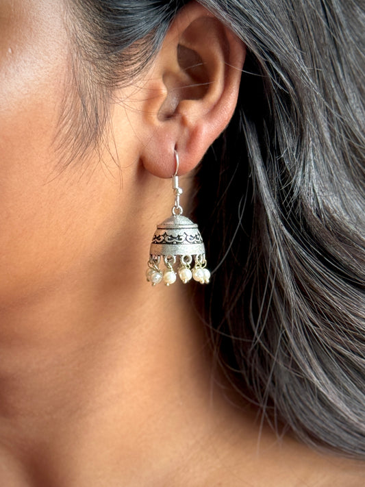 Silver Lookalike Jhumka with Embedded Pearls