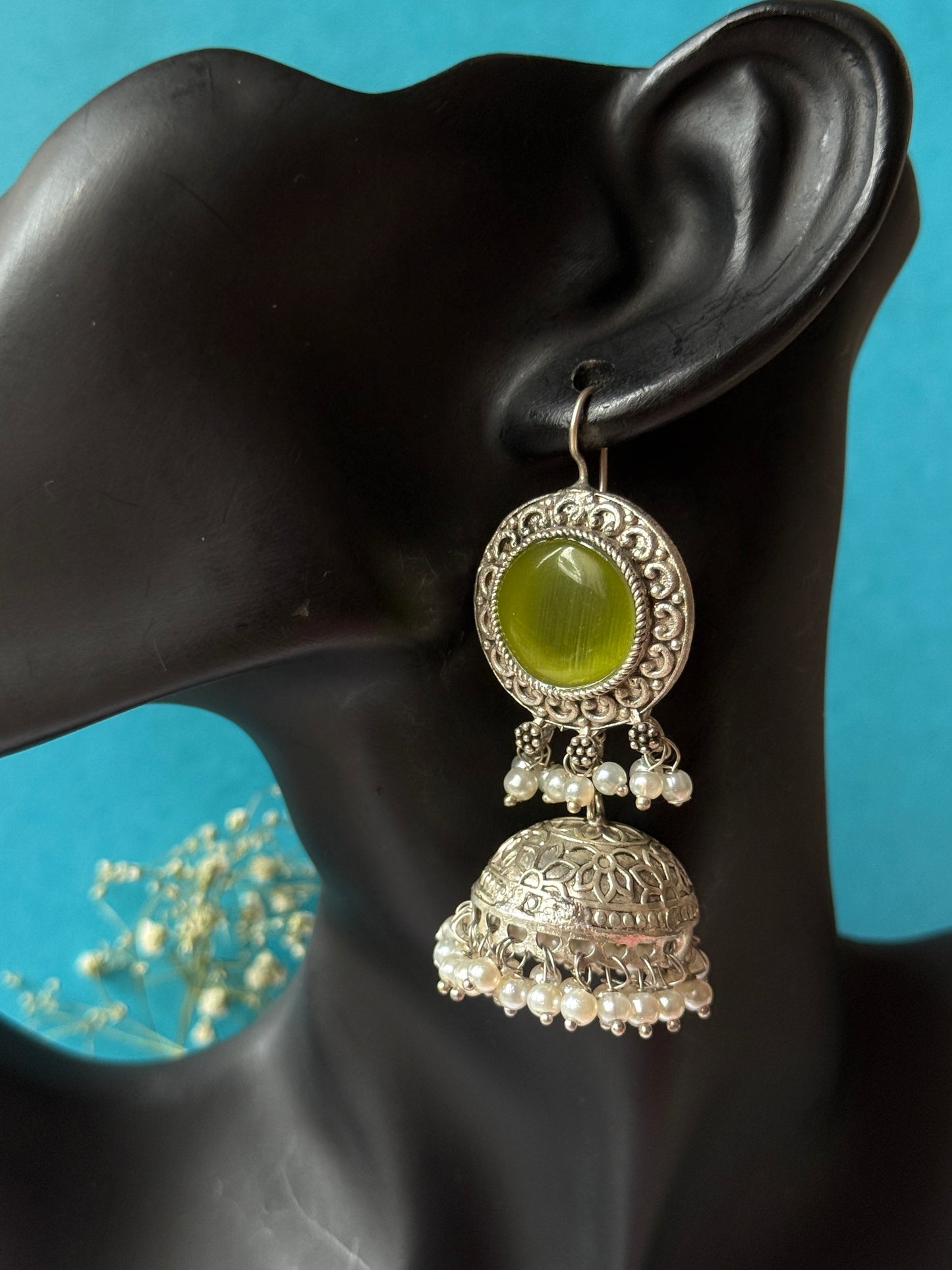 Silver Lookalike Jhumka with Dangling Pearls