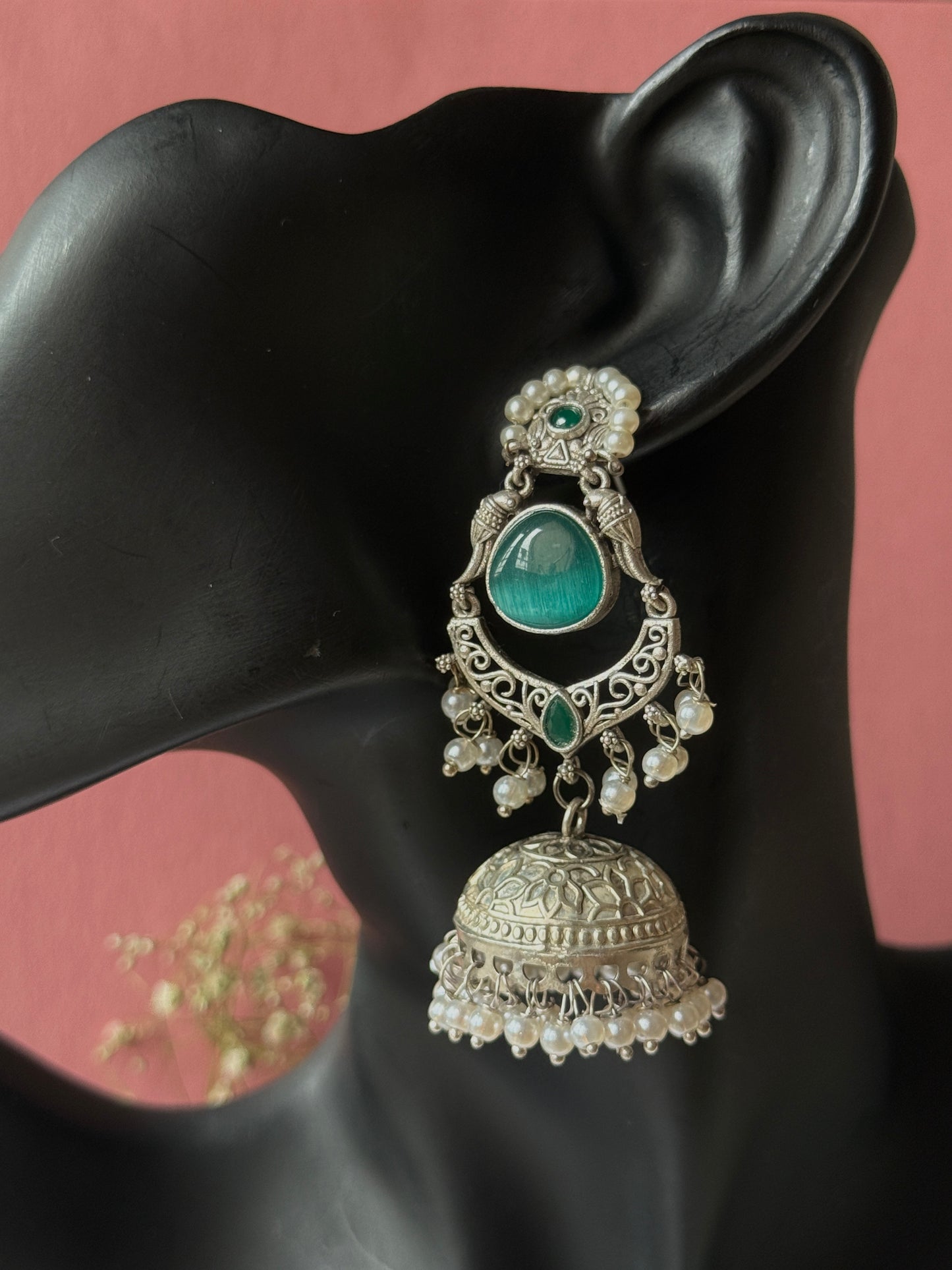 Silver Lookalike Jhumka with Embedded Pearls