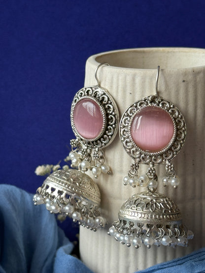 Silver Lookalike Jhumka with Dangling Pearls
