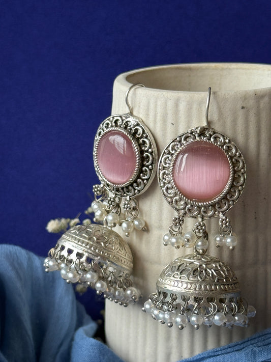 Silver Lookalike Jhumka with Dangling Pearls