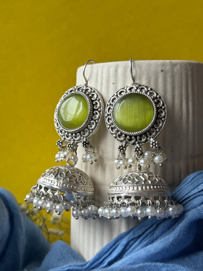 Silver Lookalike Jhumka with Dangling Pearls