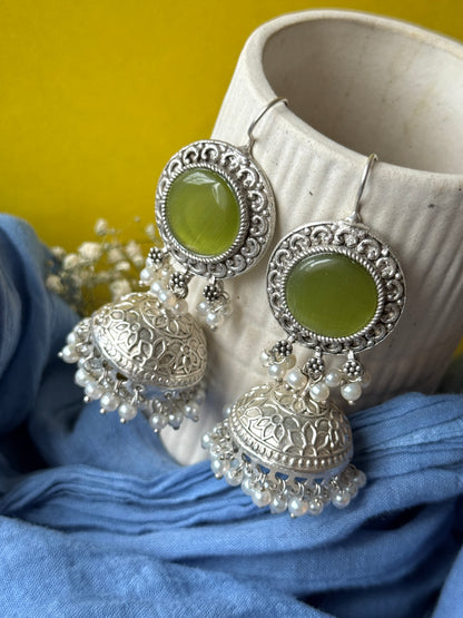 Silver Lookalike Jhumka with Dangling Pearls