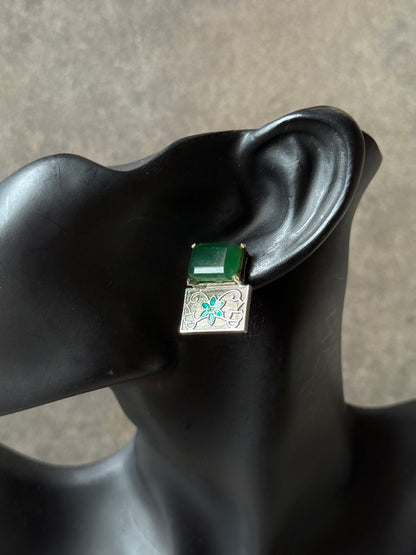 Brass Statement Earrings with Green Stone