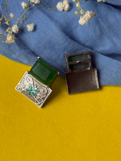 Brass Statement Earrings with Green Stone