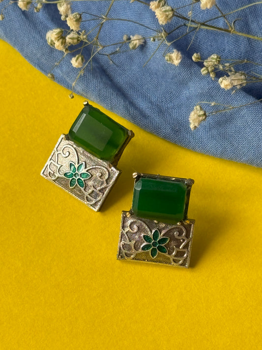 Brass Statement Earrings with Green Stone