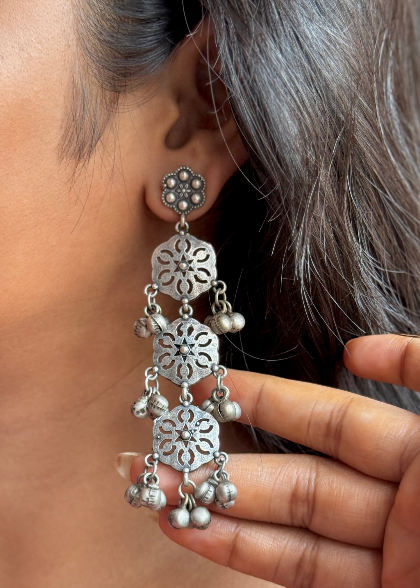 Antique Drop Long Earrings with Ghungroo
