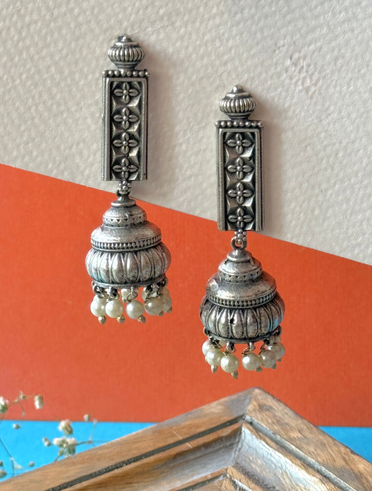Silver Replica Hanging Earrings with Jhumka – Traditional Elegance