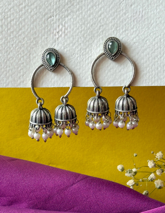 Silver Lookalike Dual Jhumki Earrings
