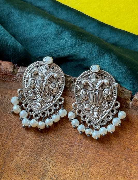 Silver Lookalike Self-Engraved Pearl Embedded Stud Earrings