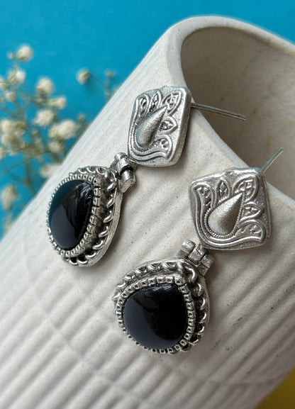Silver lookalike Silk Stone Flower Engraved Earrings