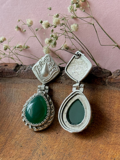 Silver lookalike Silk Stone Flower Engraved Earrings