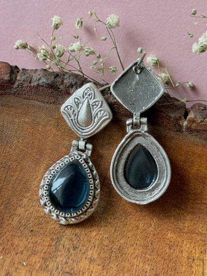 Silver lookalike Silk Stone Flower Engraved Earrings