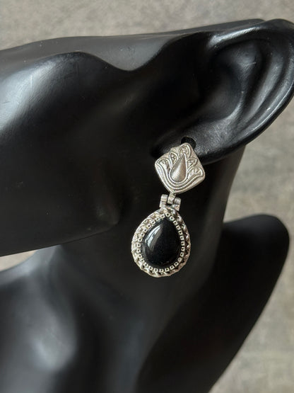 Silver lookalike Silk Stone Flower Engraved Earrings