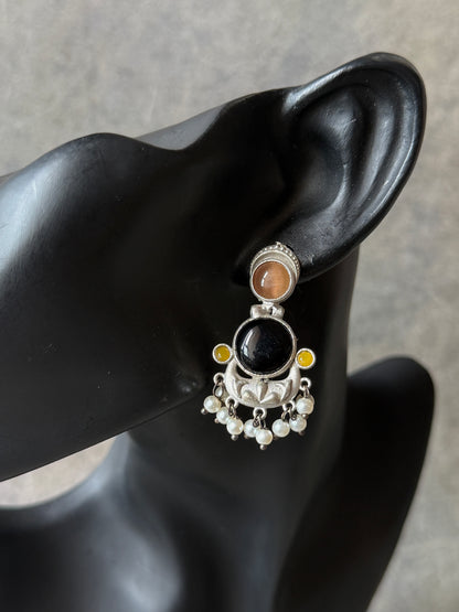 Dual Colour Silk Stone & Pearl Earrings – Graceful Blend of Elegance