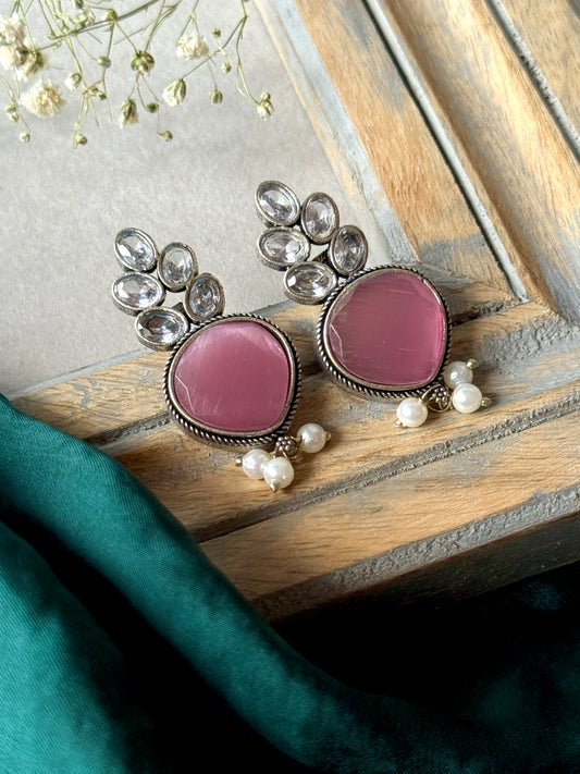 Pink Silk Stone Embedded with White Stone Earrings