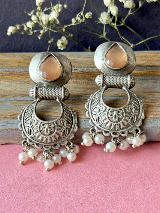 Silver Replica Engraved Earrings with Dangling Pearls