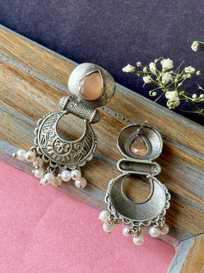 Silver Replica Engraved Earrings with Dangling Pearls