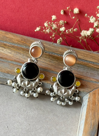 Dual Colour Silk Stone & Pearl Earrings – Graceful Blend of Elegance