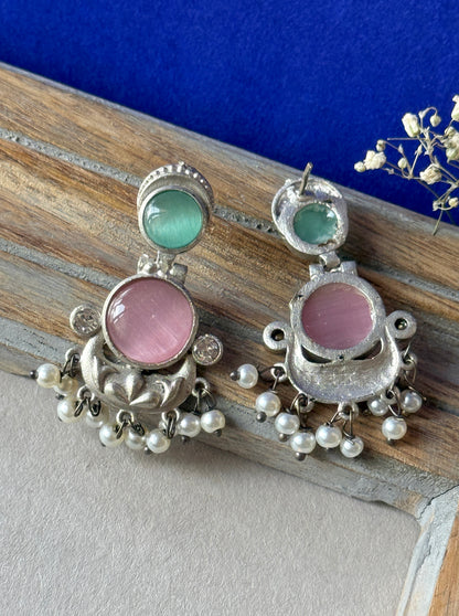 Dual Colour Silk Stone & Pearl Earrings – Graceful Blend of Elegance