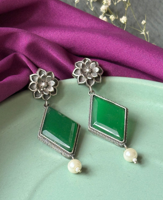 German Silver Flower Silk Stone Earrings