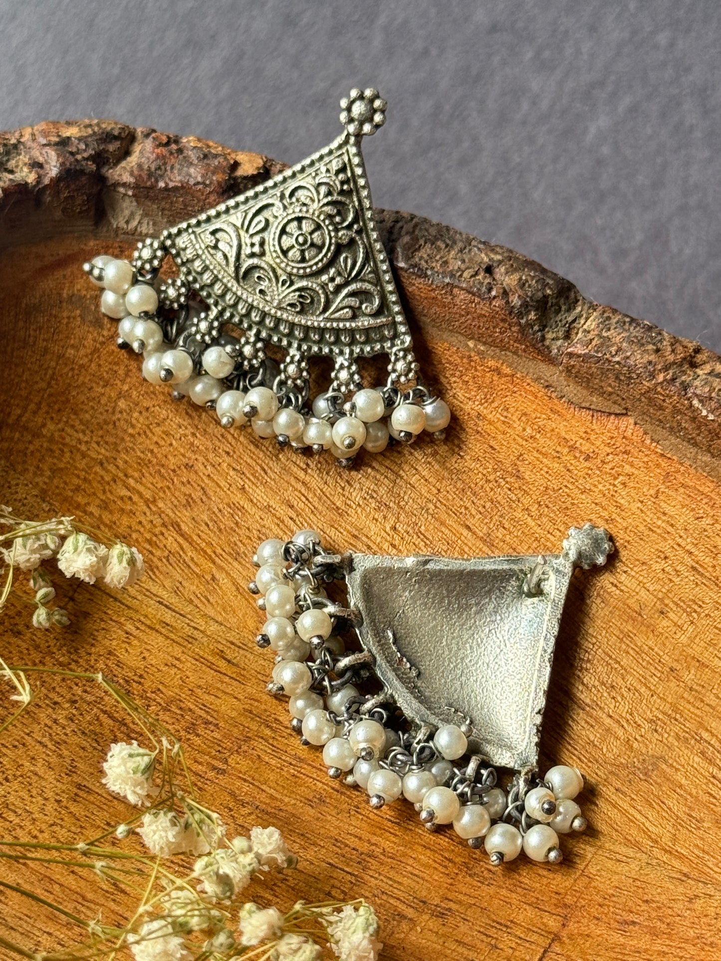 Silver Lookalike Oxidised Engraved Earrings