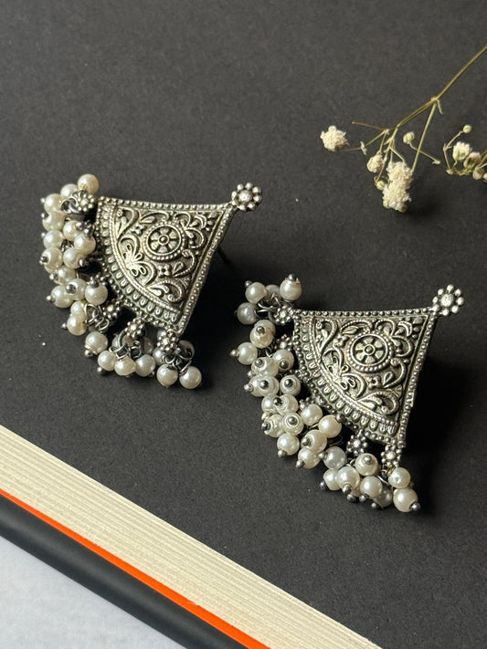Silver Lookalike Oxidised Engraved Earrings