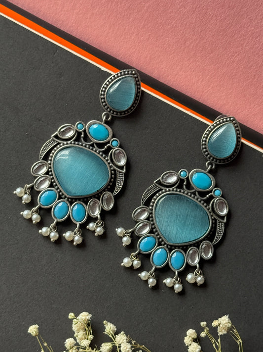 Party Wear Silk Stone Pearl Dangling Earrings