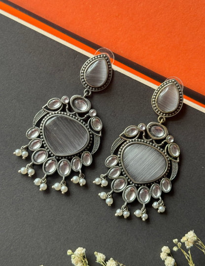 Party Wear Silk Stone Pearl Dangling Earrings