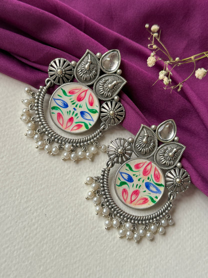 German Silver Round Hand Painted Earrings