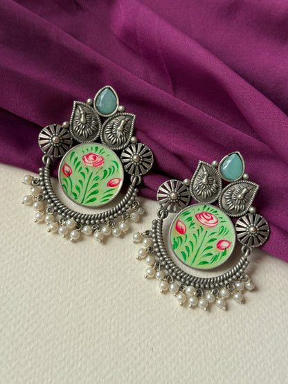 German Silver Round Hand Painted Earrings