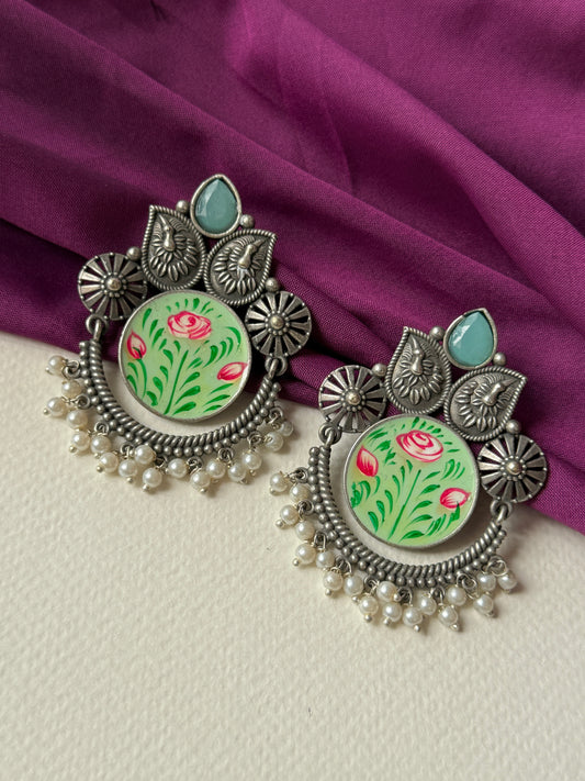 German Silver Round Hand Painted Earrings