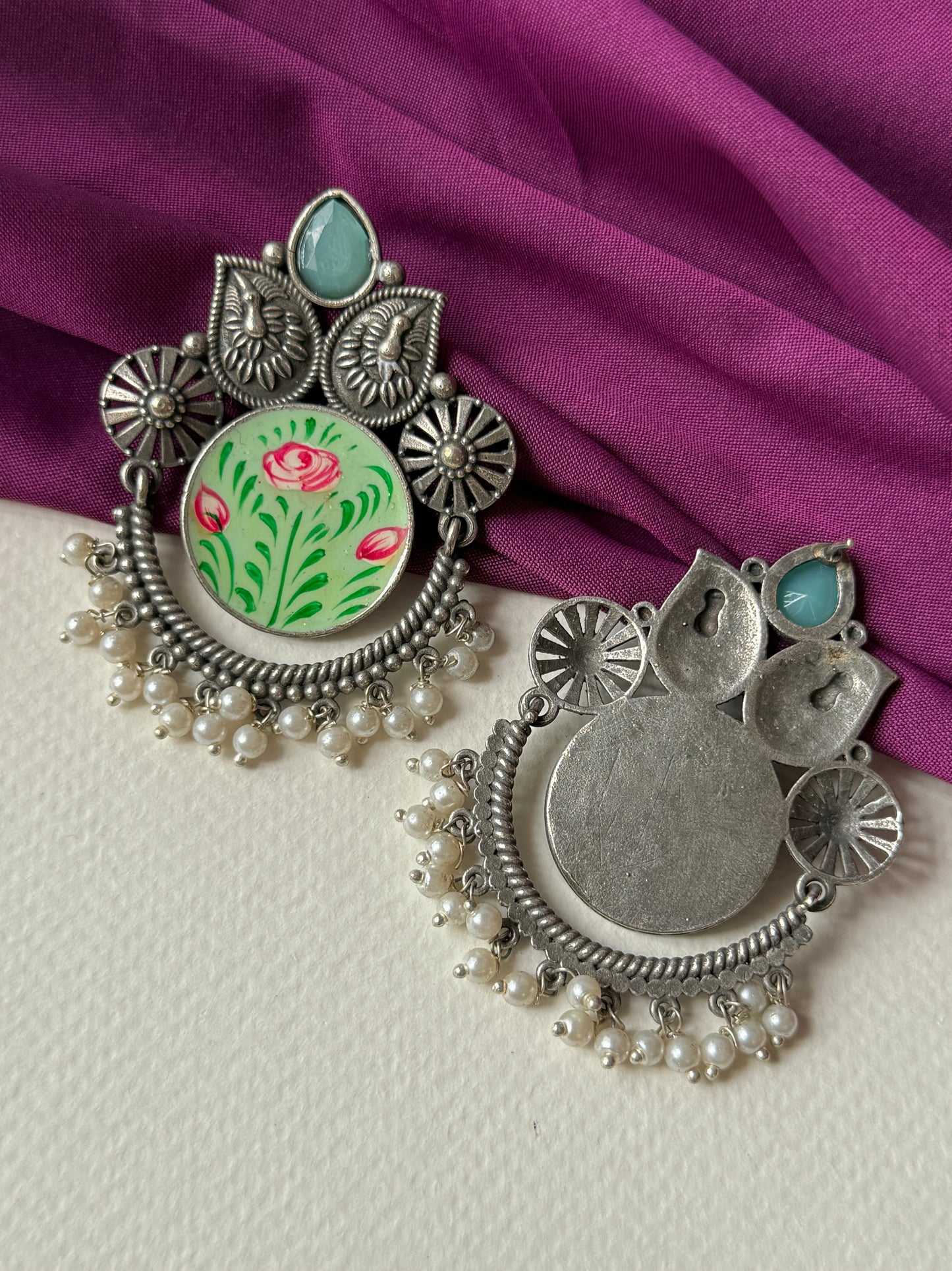 German Silver Round Hand Painted Earrings