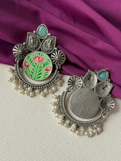 German Silver Round Hand Painted Earrings