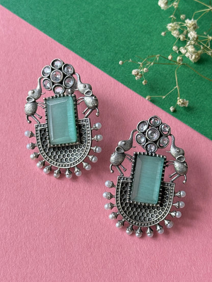 German Silver Silk Stone Embedded Earrings