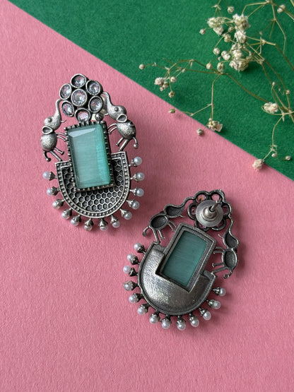 German Silver Silk Stone Embedded Earrings