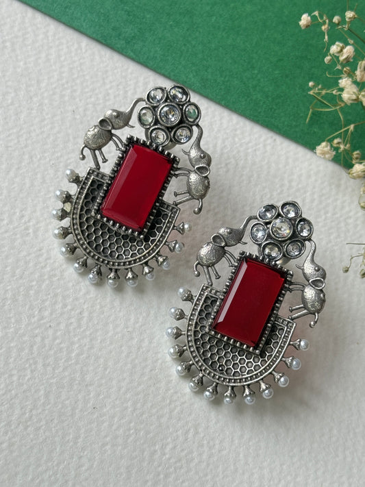 German Silver Silk Stone Embedded Earrings