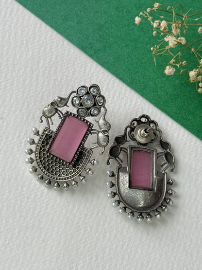 German Silver Silk Stone Embedded Earrings