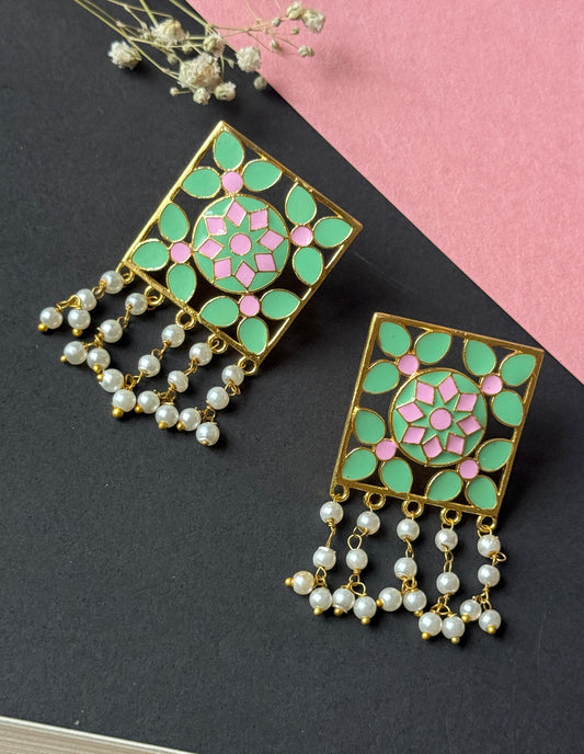 Hand-Painted Golden Square Earrings for Women