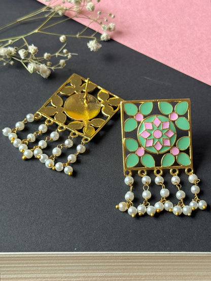 Hand-Painted Golden Square Earrings for Women